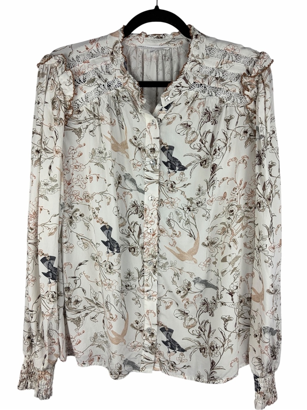 Jane + Delancey Bird & Floral Print Ruffle Blouse Size Large Cottagecore Boho